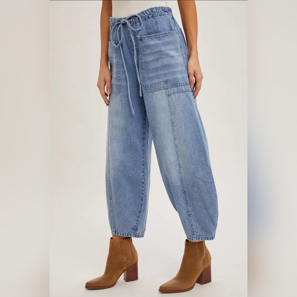 Denim Mid-Waist Drawstrings Barrel Jeans - Picture 4 of 6